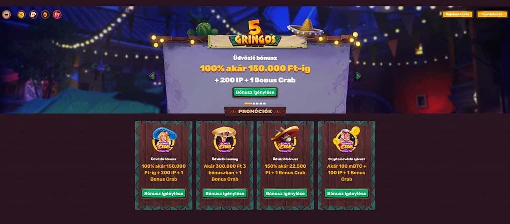Online Kaszinó, 5Gringos Kaszinó, promóciók