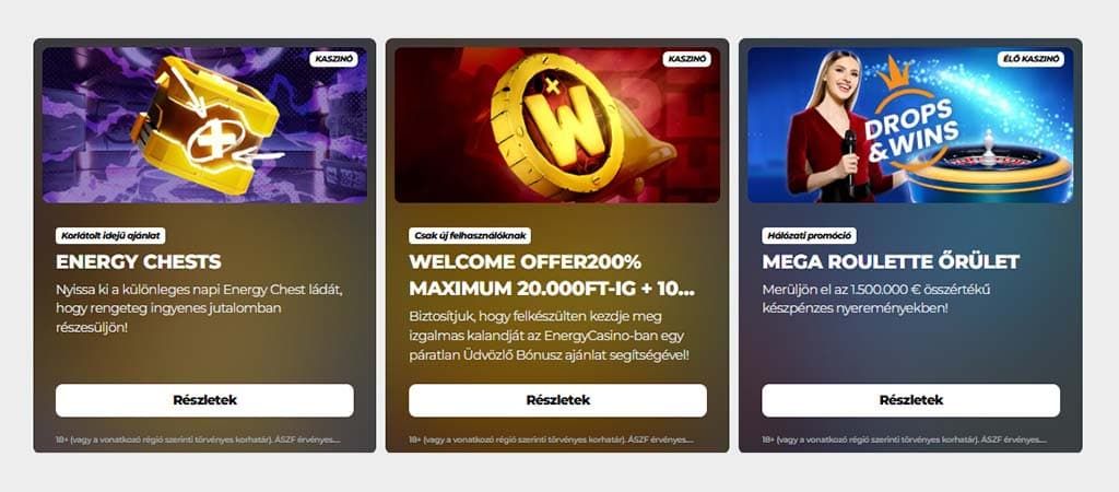 Energy Casino, Energiatárgyak, üdvözlő ajánlatok