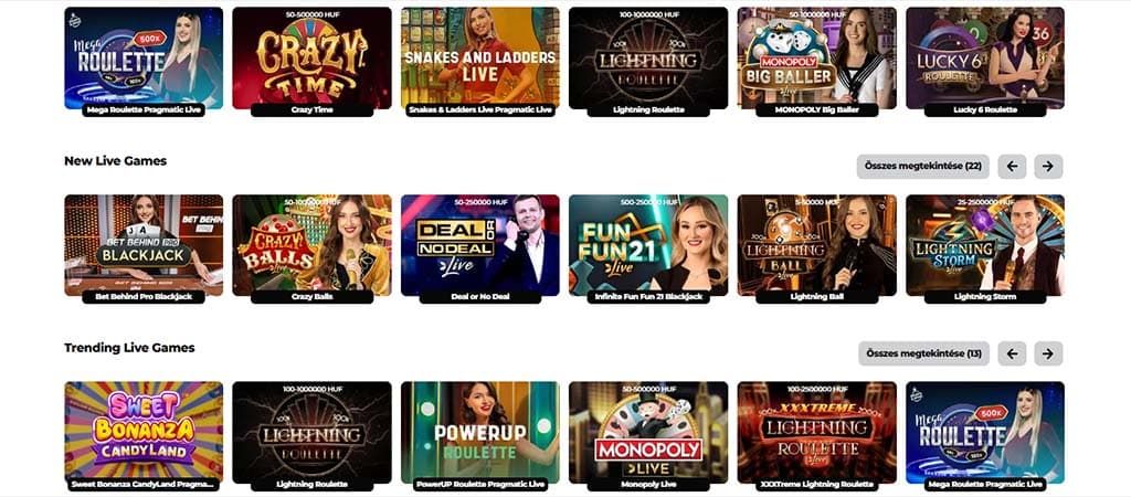 Energy Casino, energiapontok, élő játékok