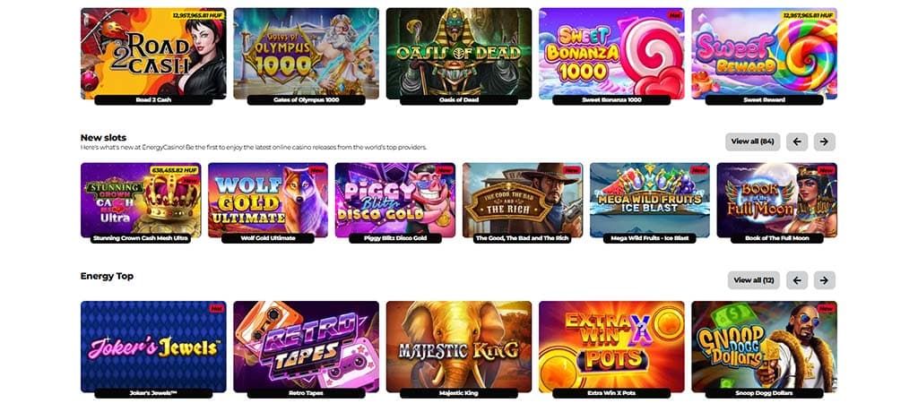 Energy Casino, kaszinójátékok, nyerőgépek