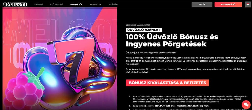 HotSlots Kaszinó, üdvözlő bónusz, ingyenes pörgetések